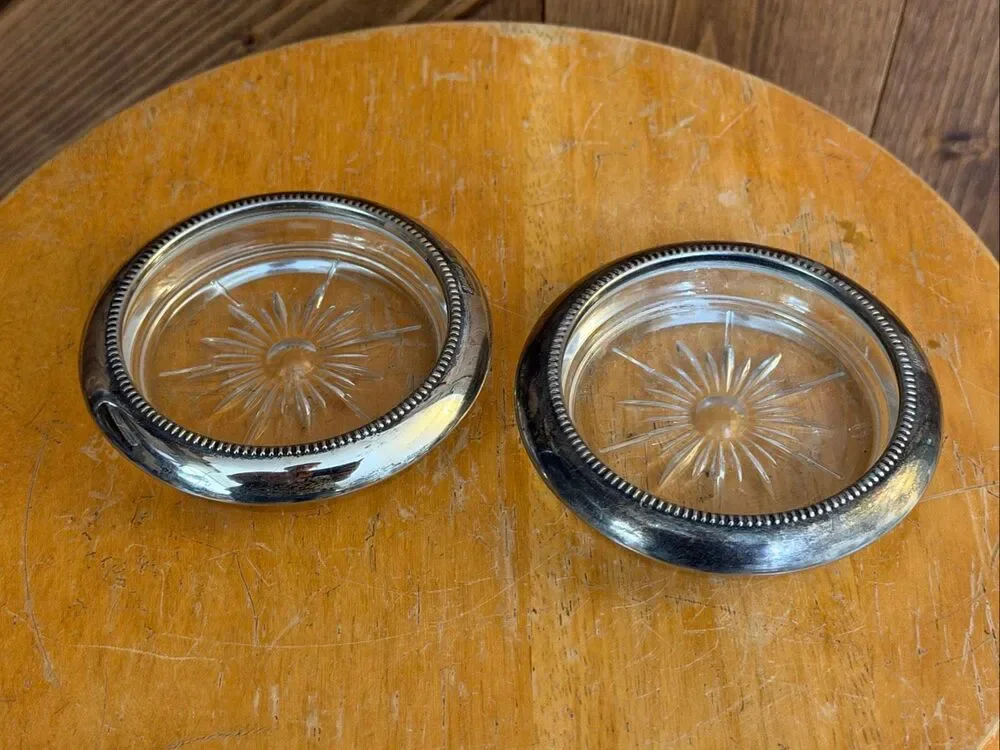 Leonard Silverplate Crystal Glass Coasters Set of 2 Starburst Beaded Rim (9255)